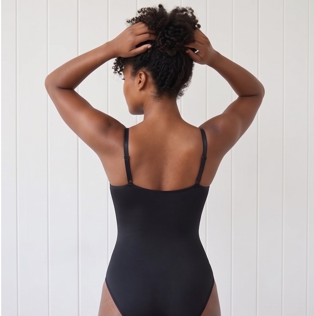 Body reductor negro sin costuras visto de espaldas, tirantes finos regulables
