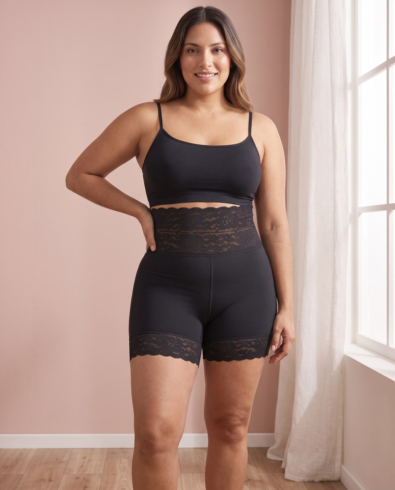 Mujer sonriendo con la faja short clasica negra con encaje