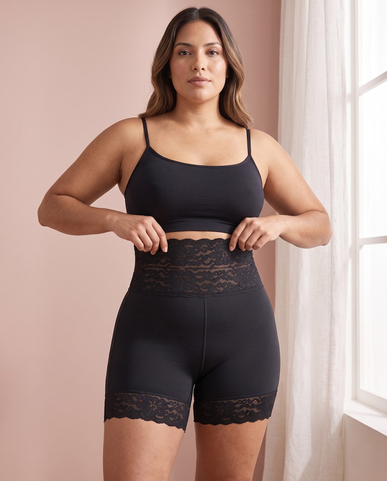 Mujer ajustandose la faja short clasica negra con encaje en la cintura