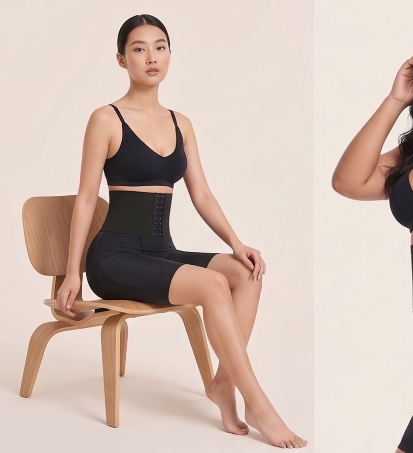 Mujer sentada con ceñidor de cintura negro y short moldeador